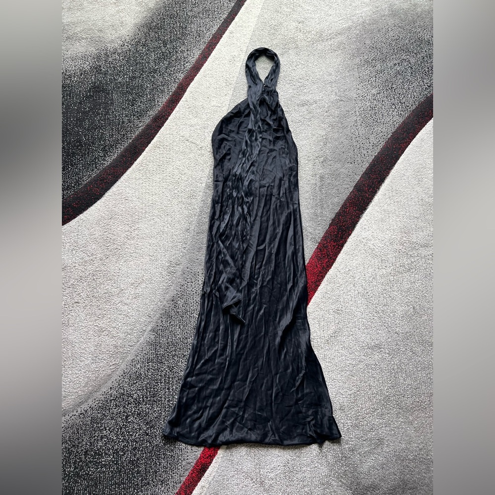 Meshki Midnight Black Satin Halter Maxi Dress